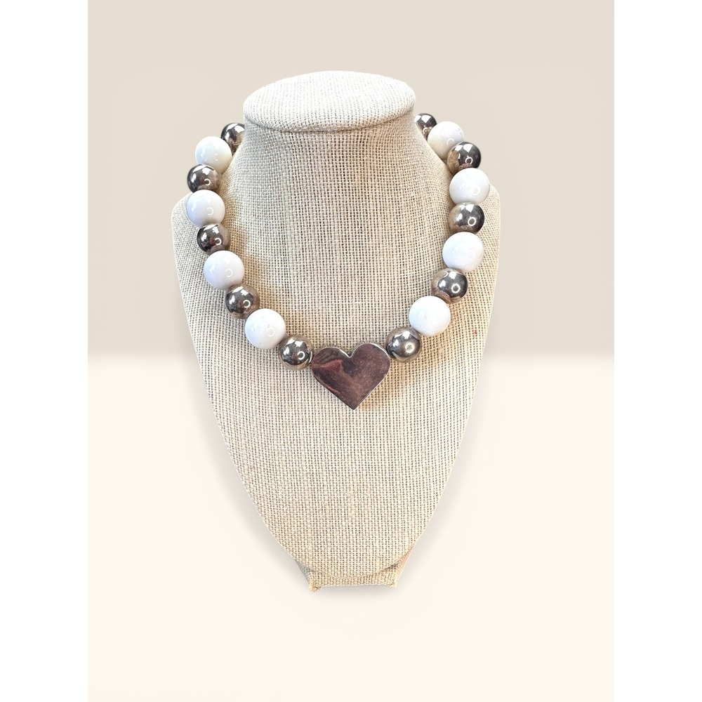 Chunky Silver Heart Pendant Necklace Artist Made White heavy bead Magnetic Clasp